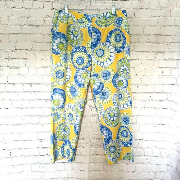 VTG Talbots Wms 14 Yellow Blue Cropped Pants High Rise Artsy Dopamine Dressing - Picture 1 of 9